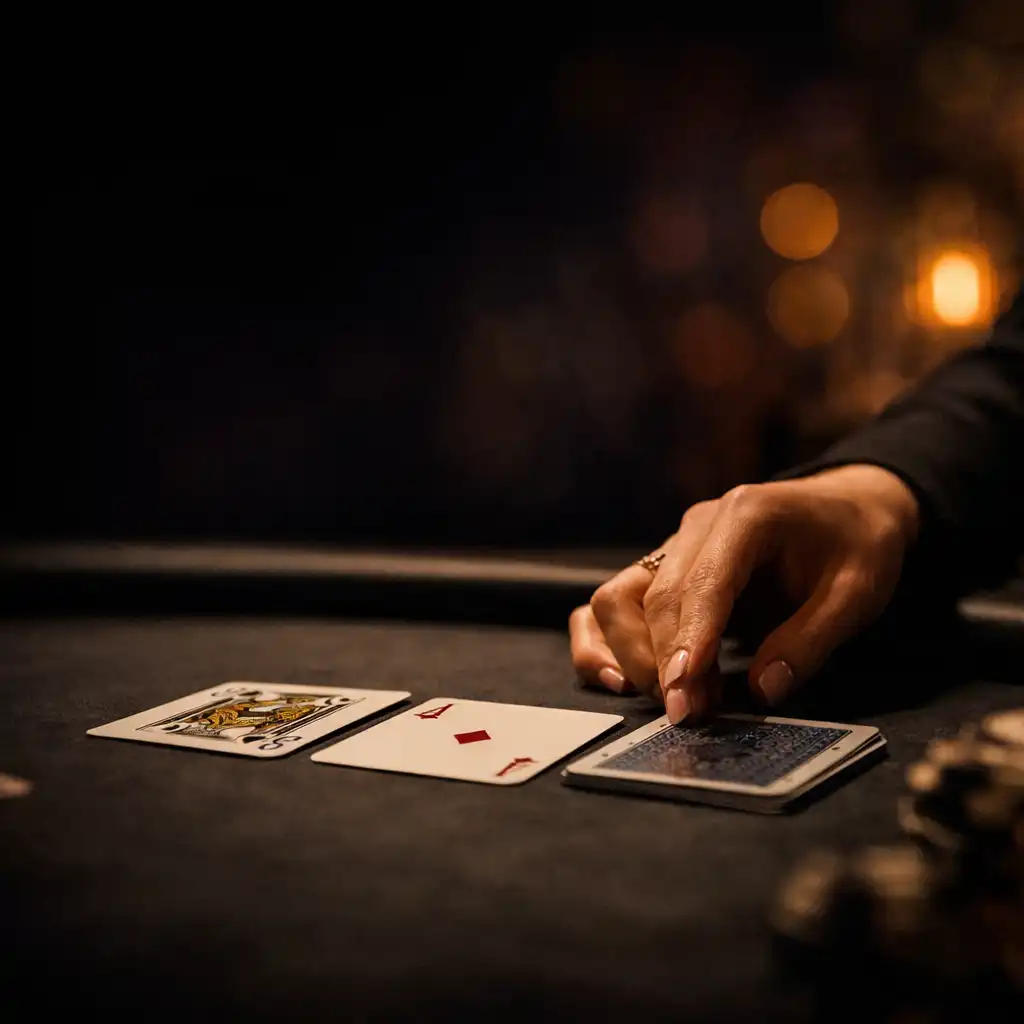 Közeli részlet egy sötét, bársony textúrájú blackjack-asztalról