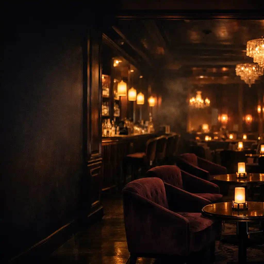 Sötét, borostyánfényű éttermi és lounge enteriőr részlete