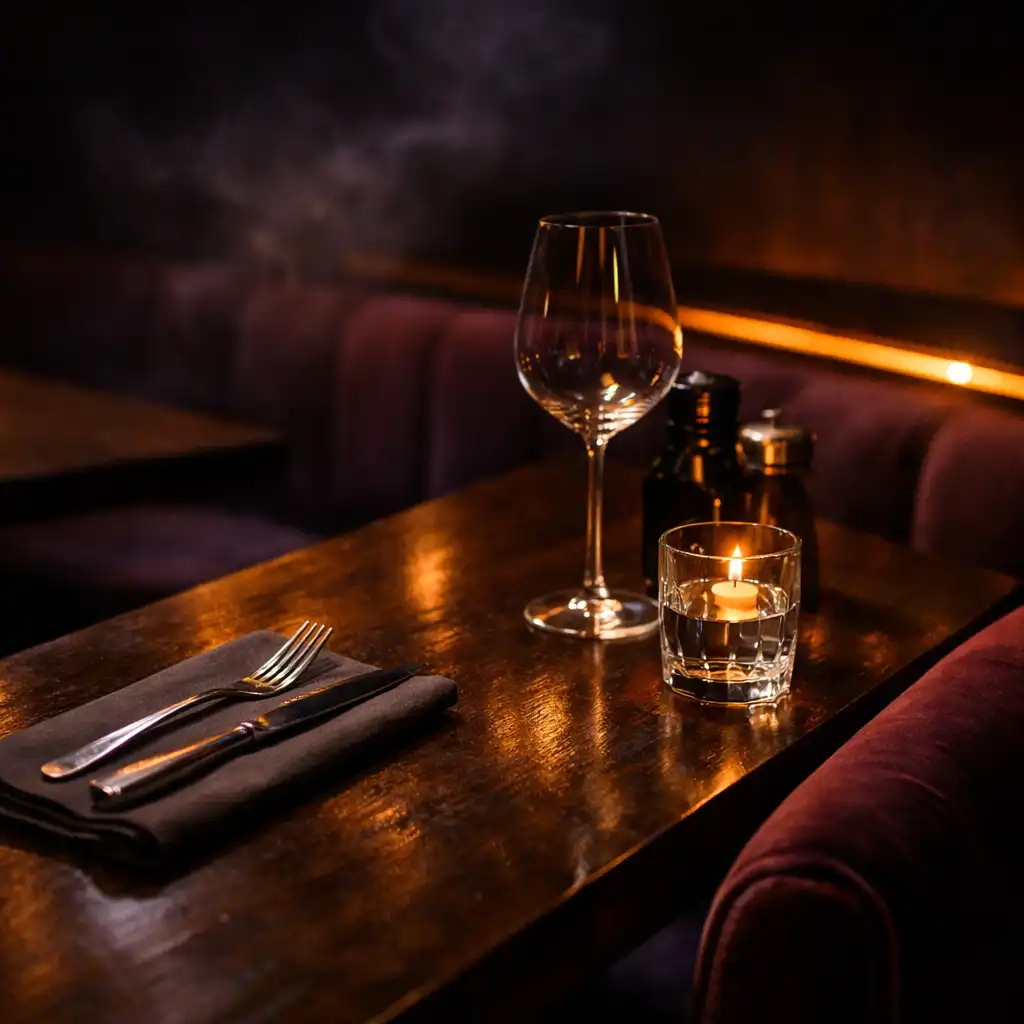 Sötét fa asztal, bársony és fém részletei egy lounge enteriőrben