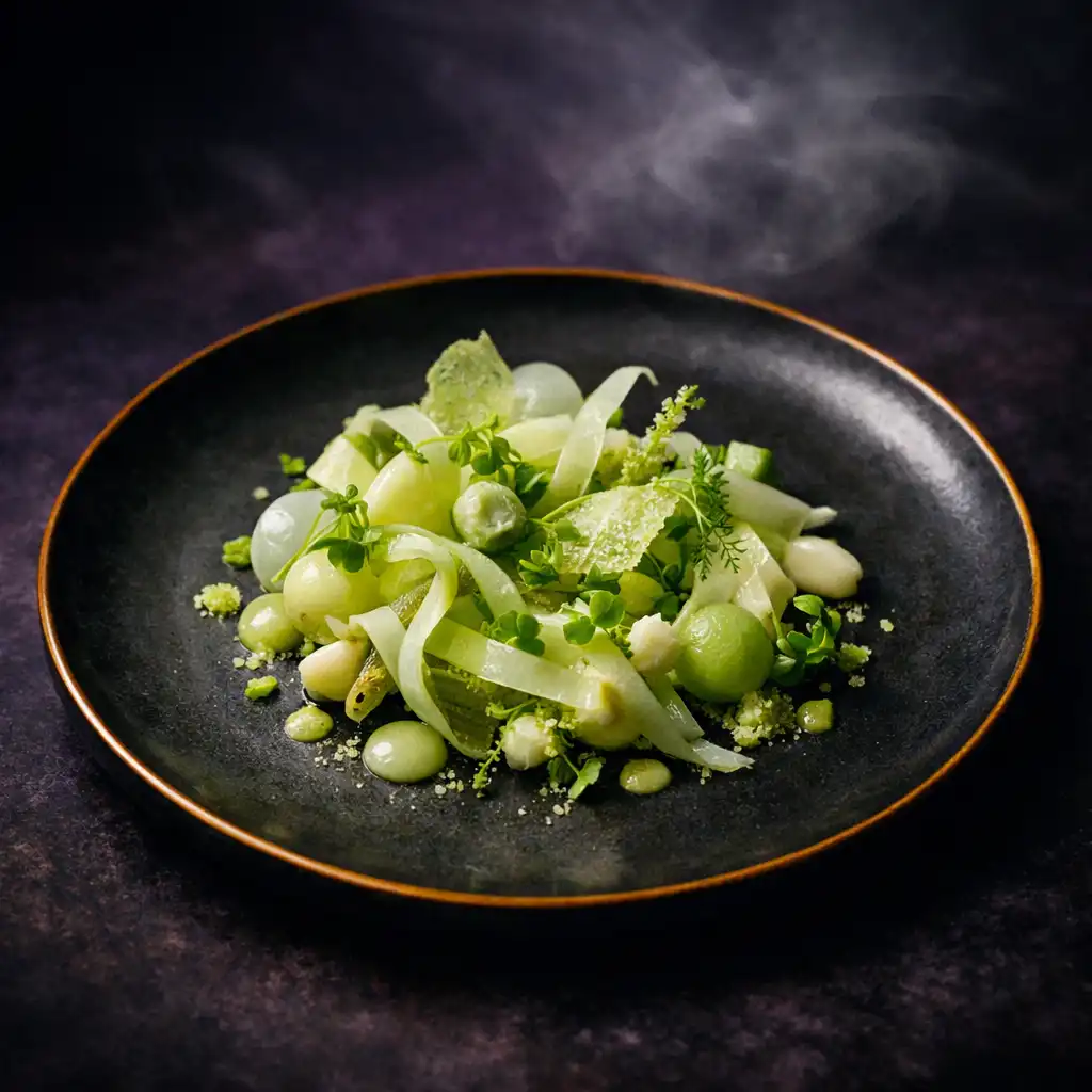 Friss, rétegzett hangulatú fine dining tányér sötét lounge környezetben