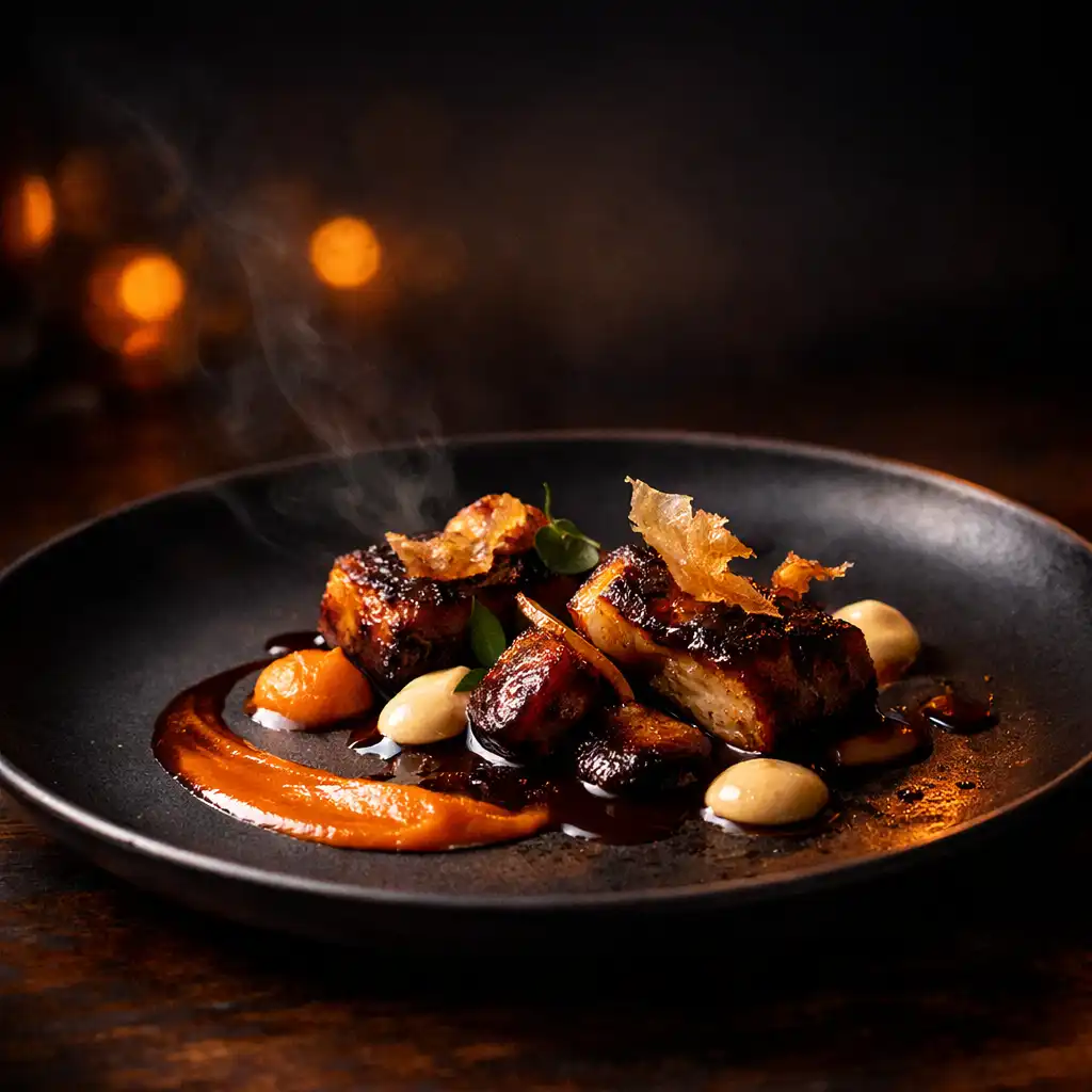 Meleg fényben megjelenő, sötét kerámián tálalt fine dining fogásrészlet