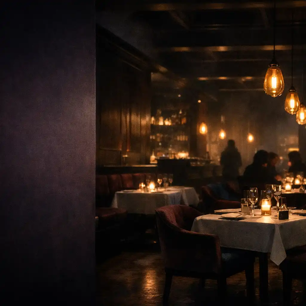 Sötét, borostyánfényű éttermi lounge enteriőr