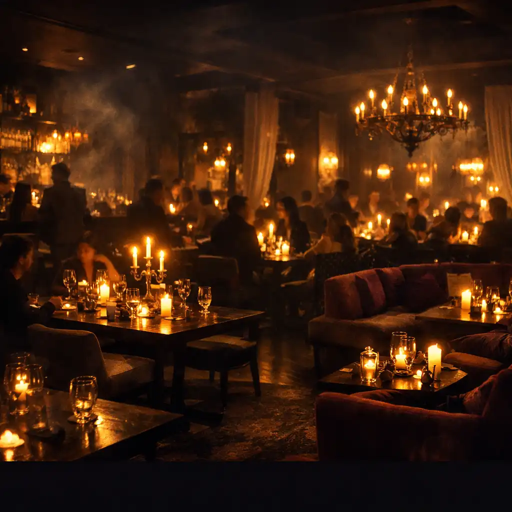 Gyertyafényes étkező- és lounge-tér sötét faasztalokkal