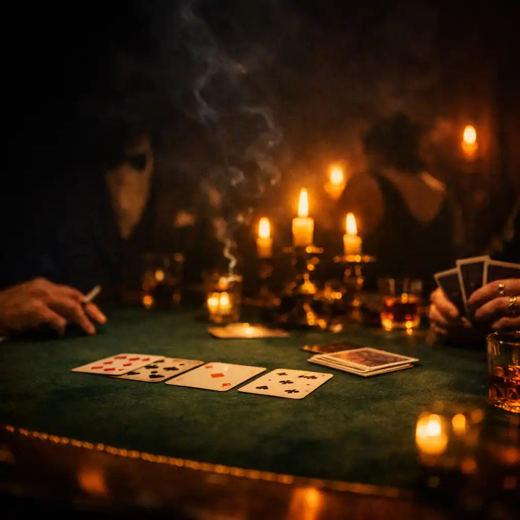 Gyertyafényes, fizikai pókerasztal a sötét éttermi lounge-ban
