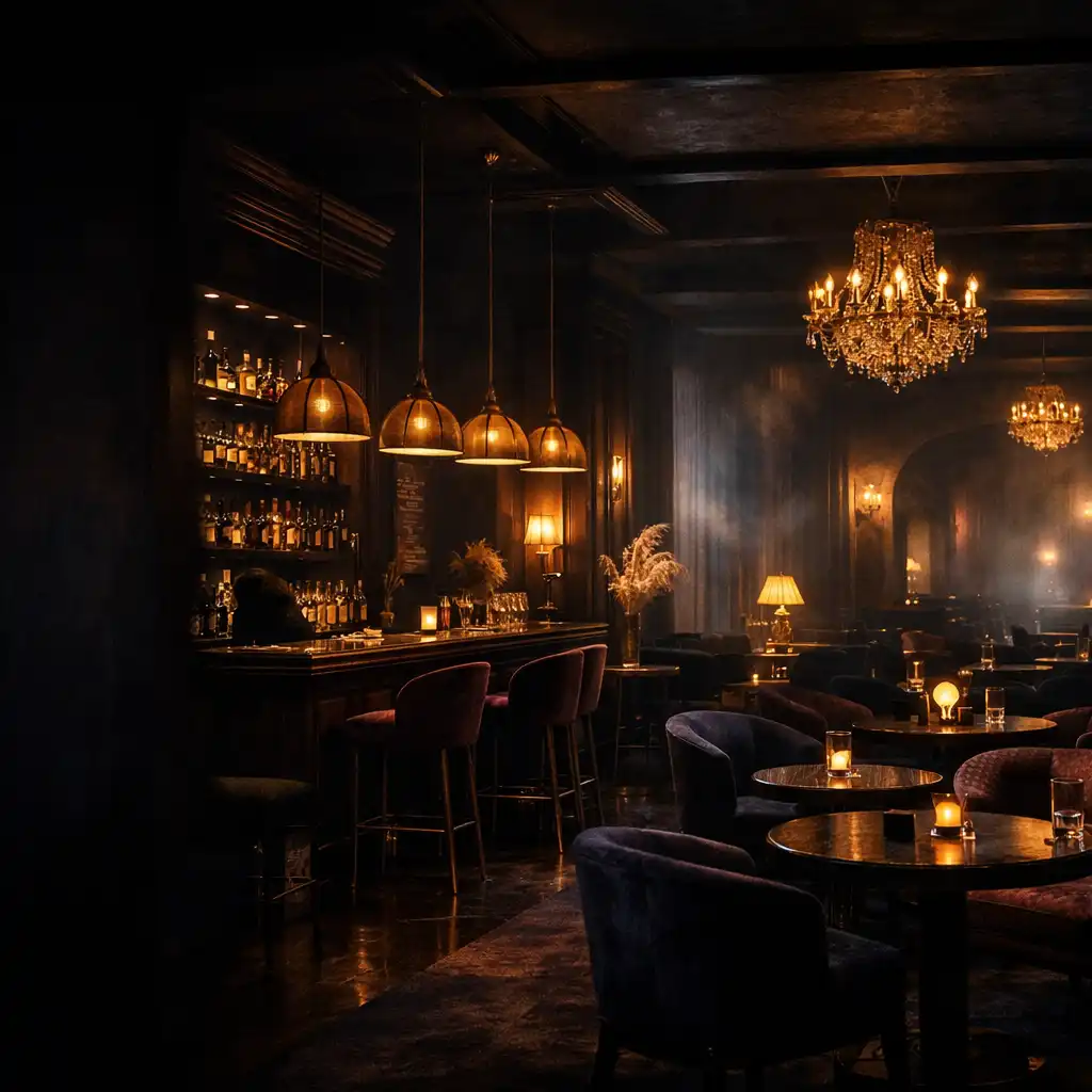Sötét fa, bársony és arany lámpák a Restaurant Table House lounge enteriőrjében