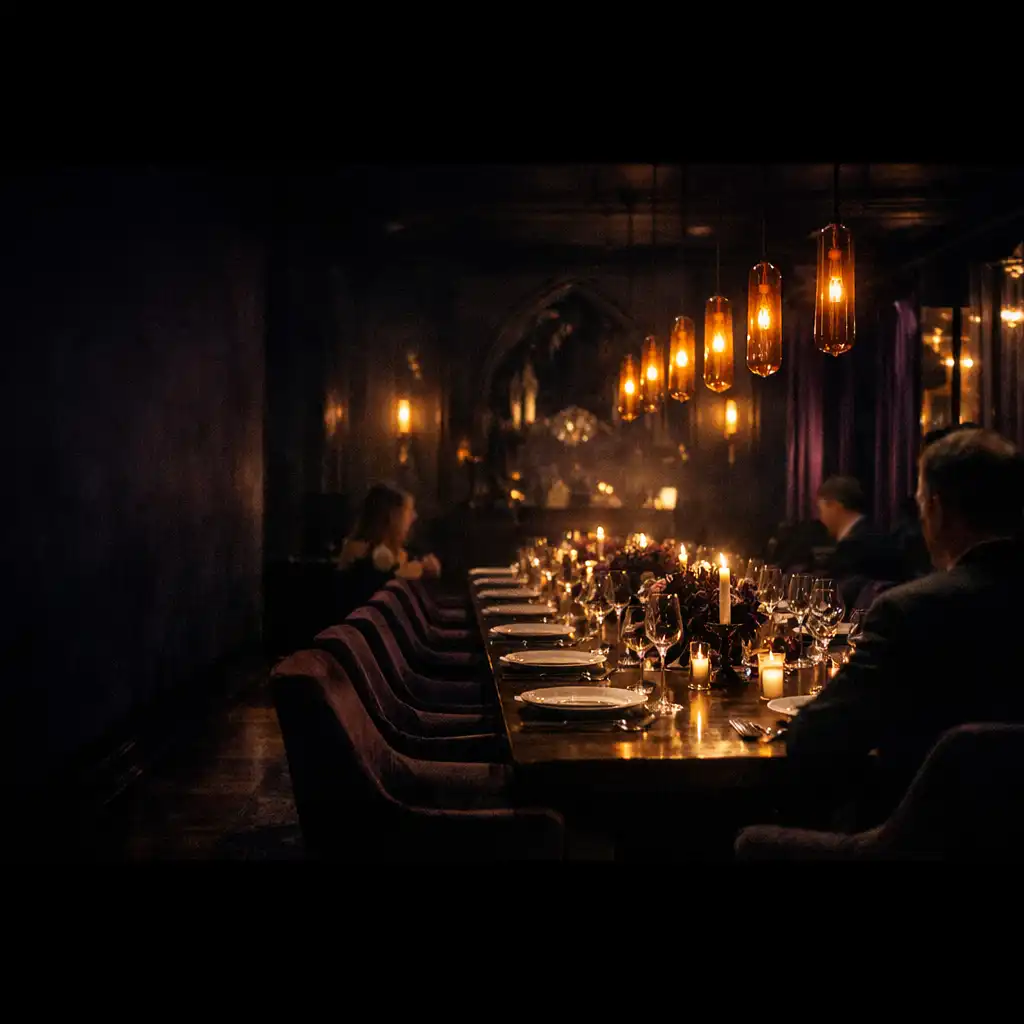 Sötét, borostyánfényű privát vacsoraasztal a Restaurant Table House enteriőrjében